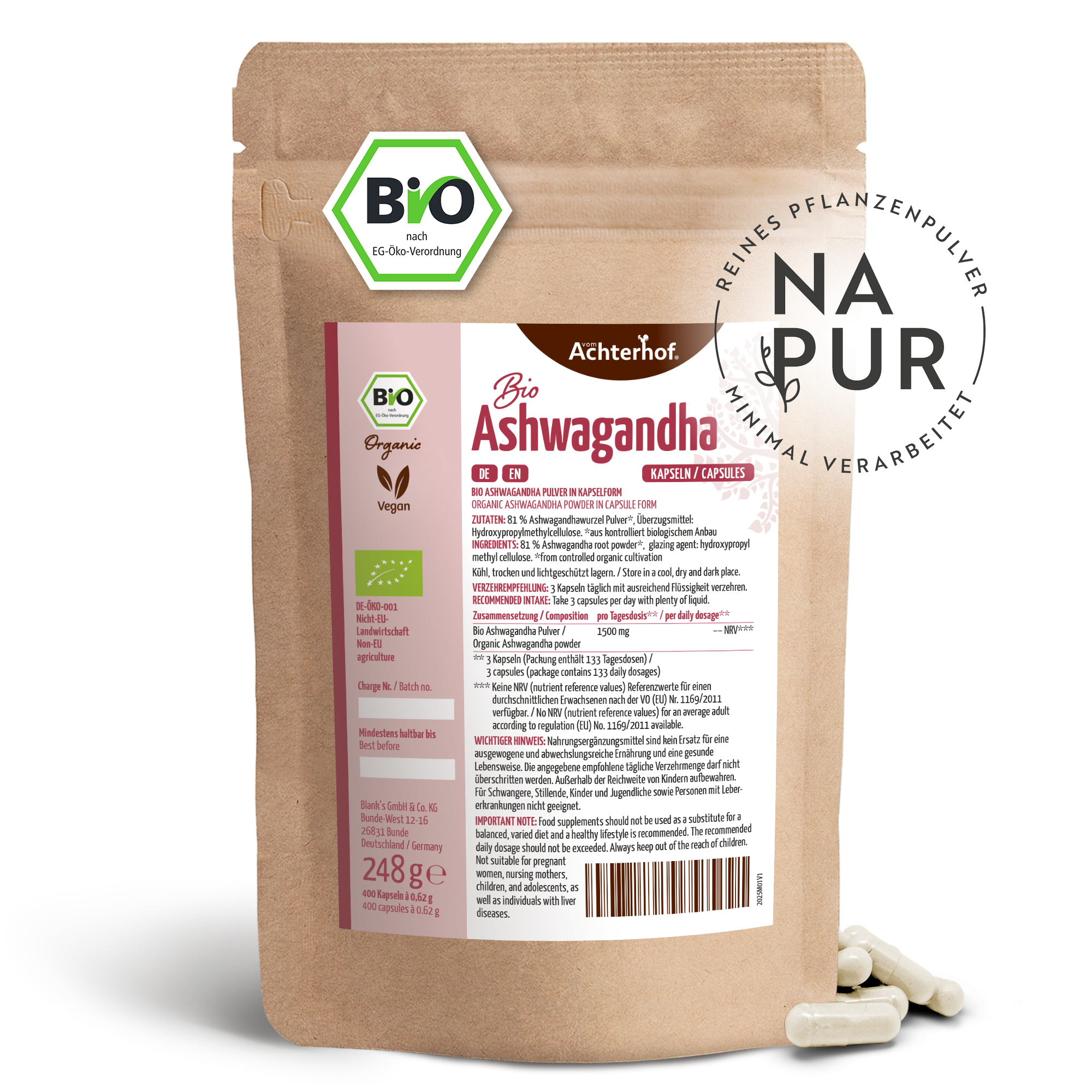 Ashwagandha Kapseln Bio Nachfüllpack (400 Kapseln)