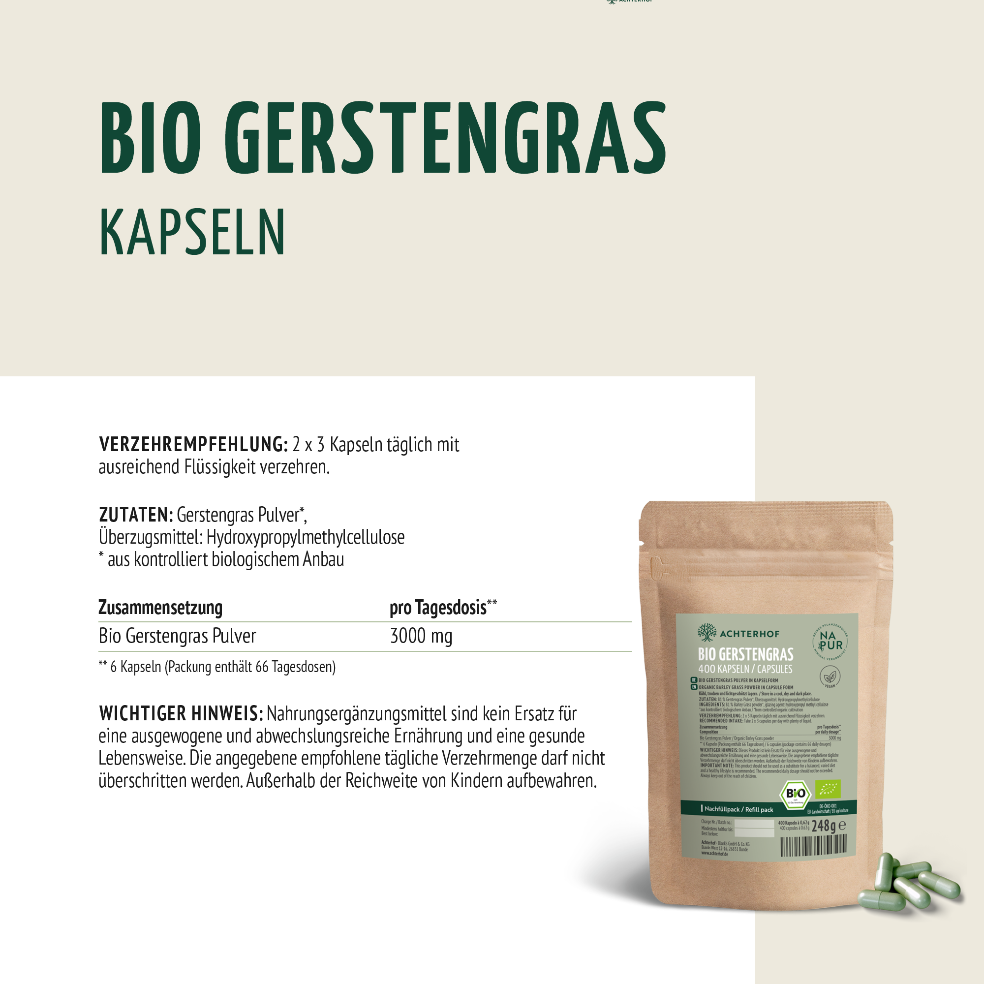 Bio Gerstengras Kapseln Nachfüllpack (400 Kapseln)