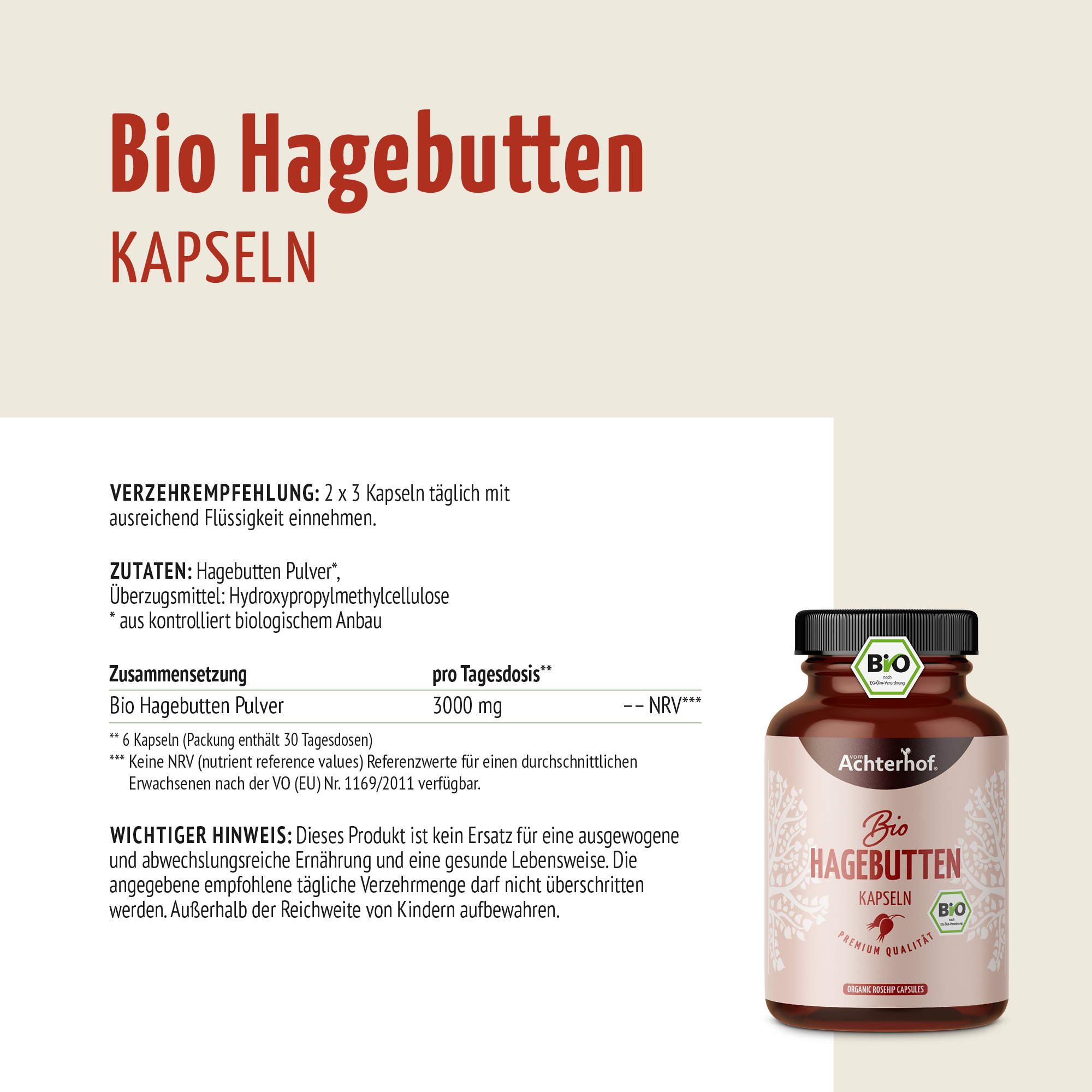 Bio Hagebutten Kapseln (180 Kapseln)