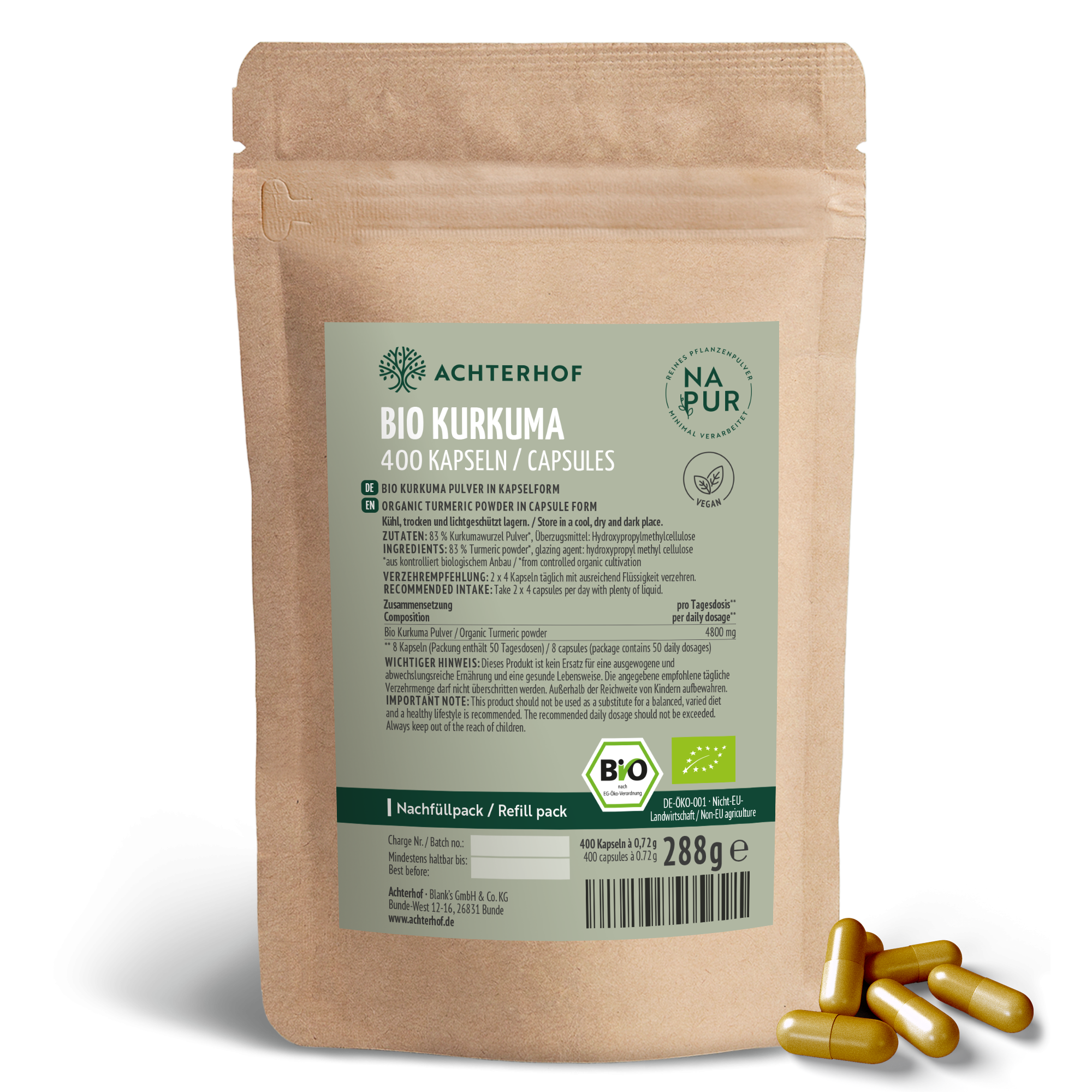 Bio Kurkuma Kapseln Nachfüllpack (400 Kapseln)