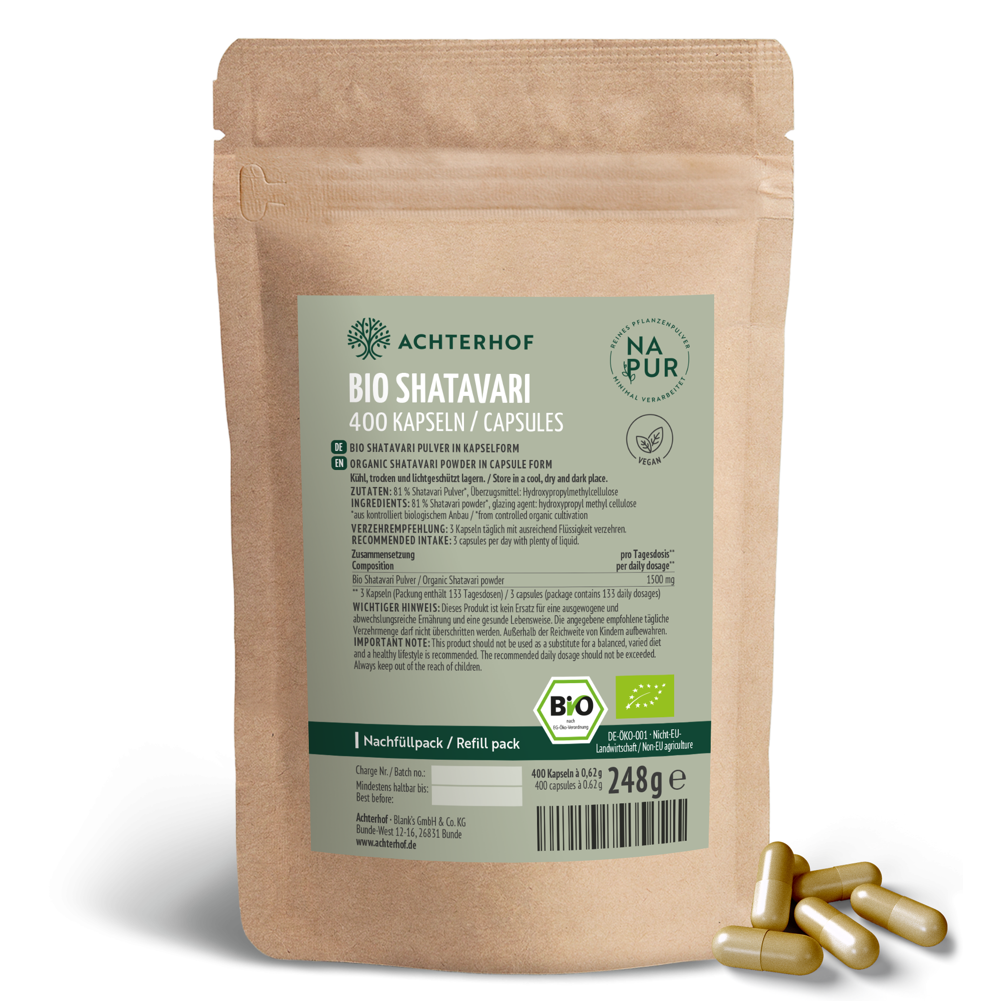 Bio Shatavari Kapseln Nachfüllpack (400 Kapseln)