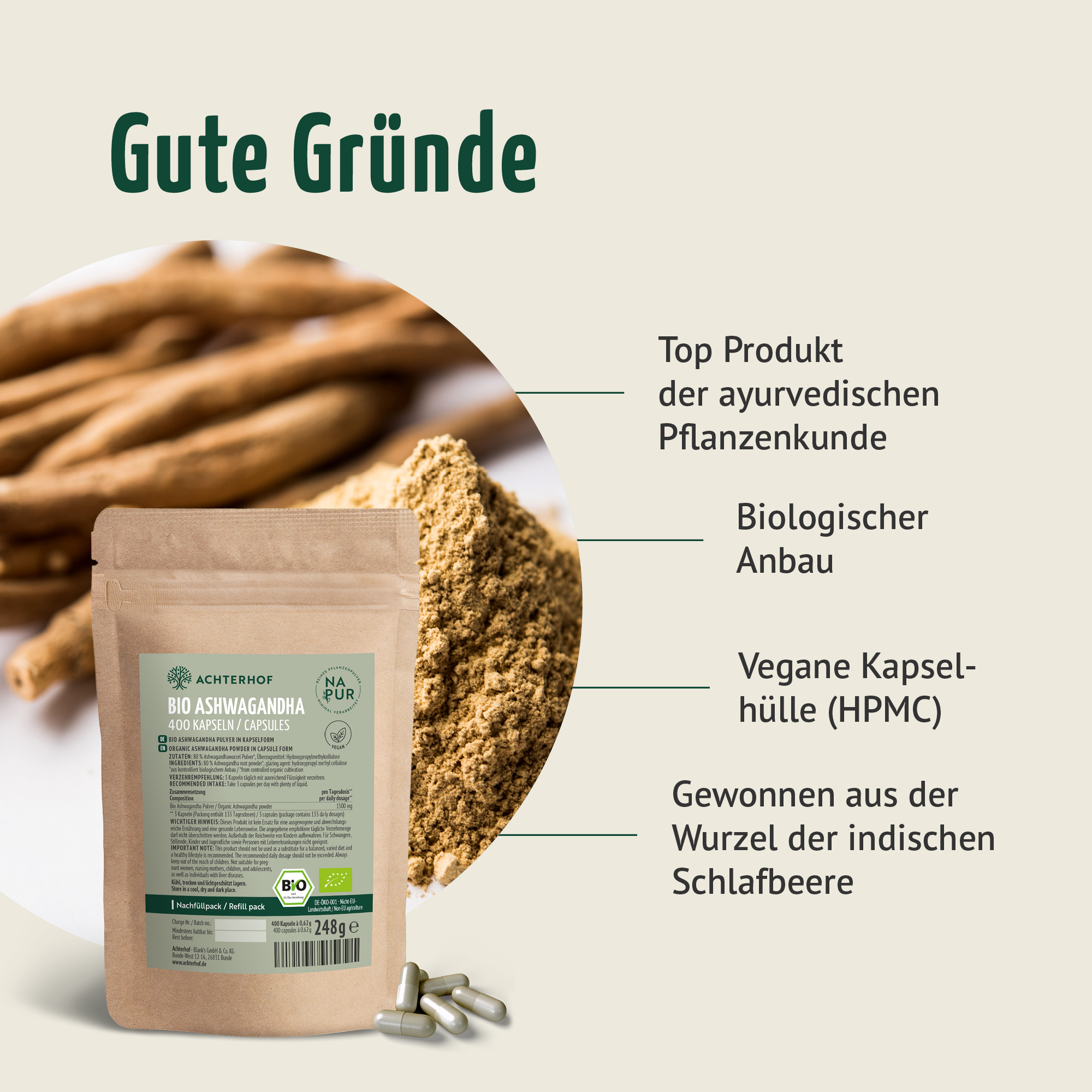 Bio Ashwagandha Kapseln Nachfüllpack (400 Kapseln)