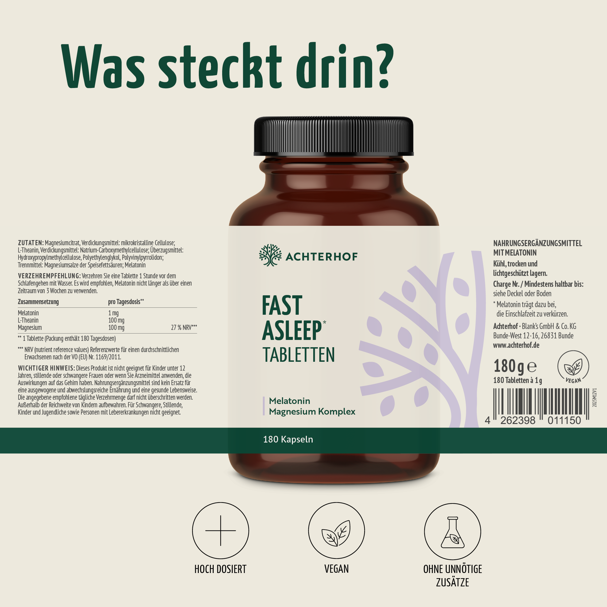 Melatonin Magnesium Komplex Fast Asleep (180 Tabletten)