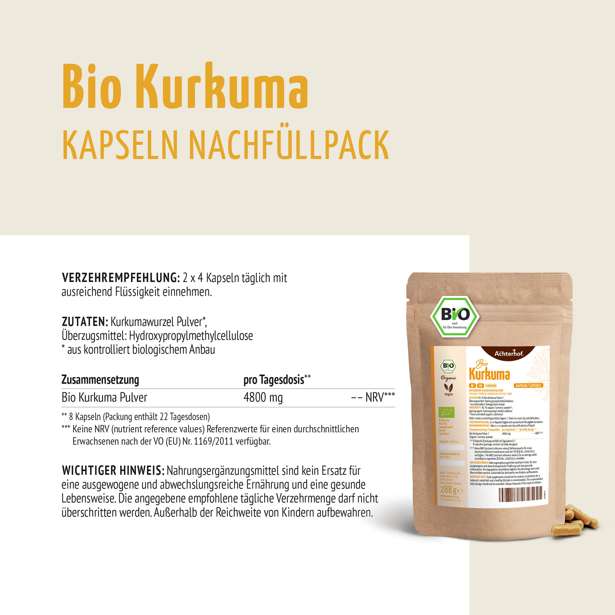 Bio Kurkuma Kapseln Nachfüllpack (400 Kapseln)