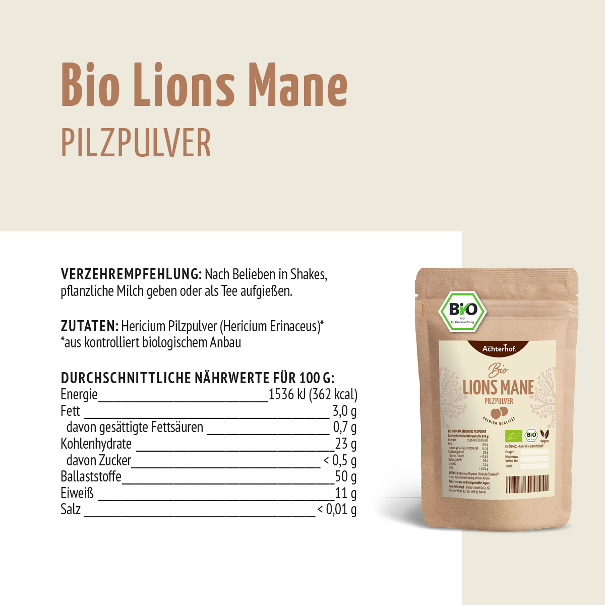 Bio Lions Mane Pilzpulver (100g)