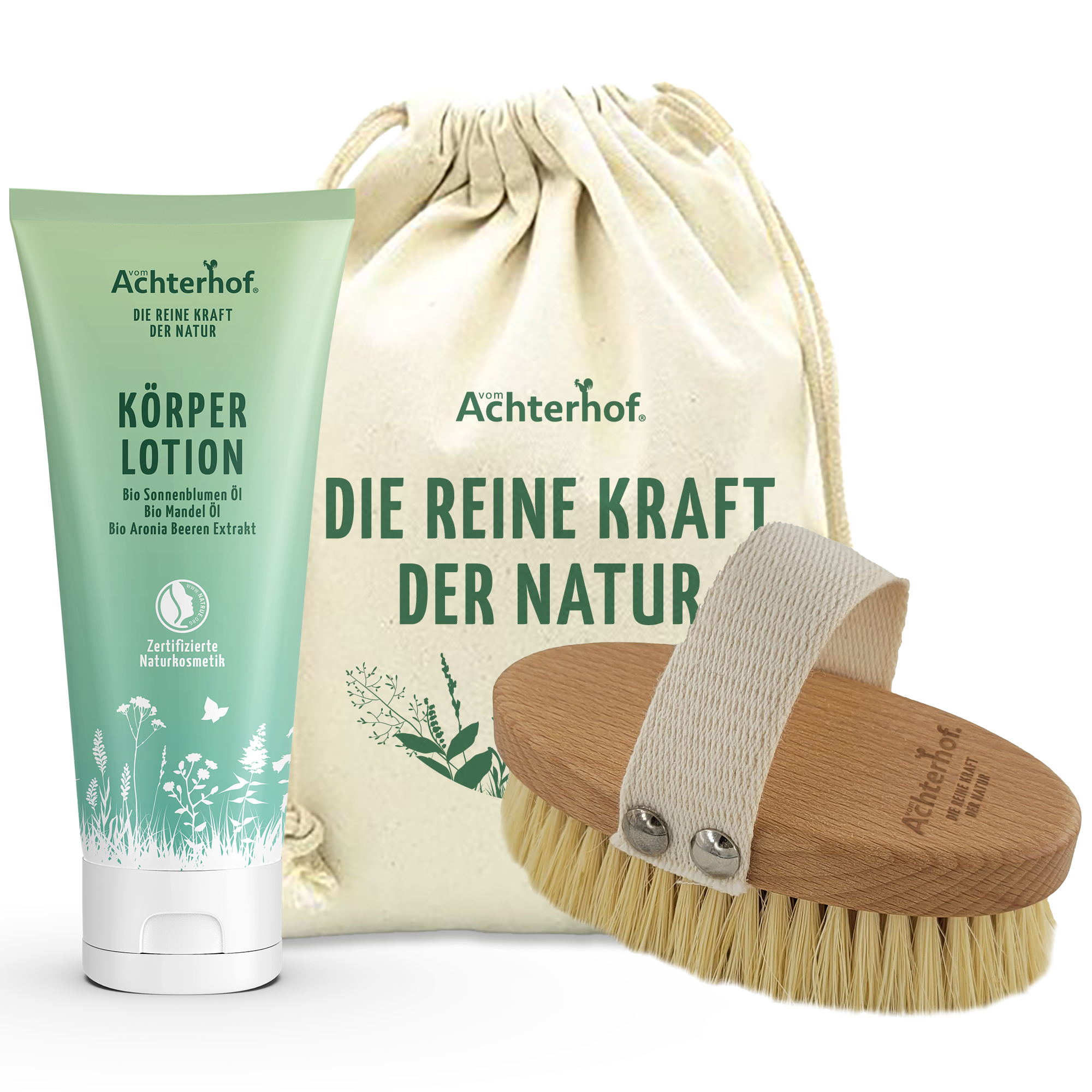 Körperlotion Naturkosmetik + Massagebürste mit Pflanzenfasern